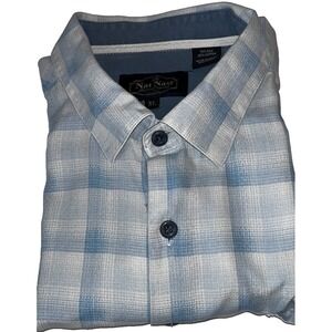 Nat Nast Men's Silk‎ Blend Short Sleeve Shirt XL Blue Plaid Button Up
